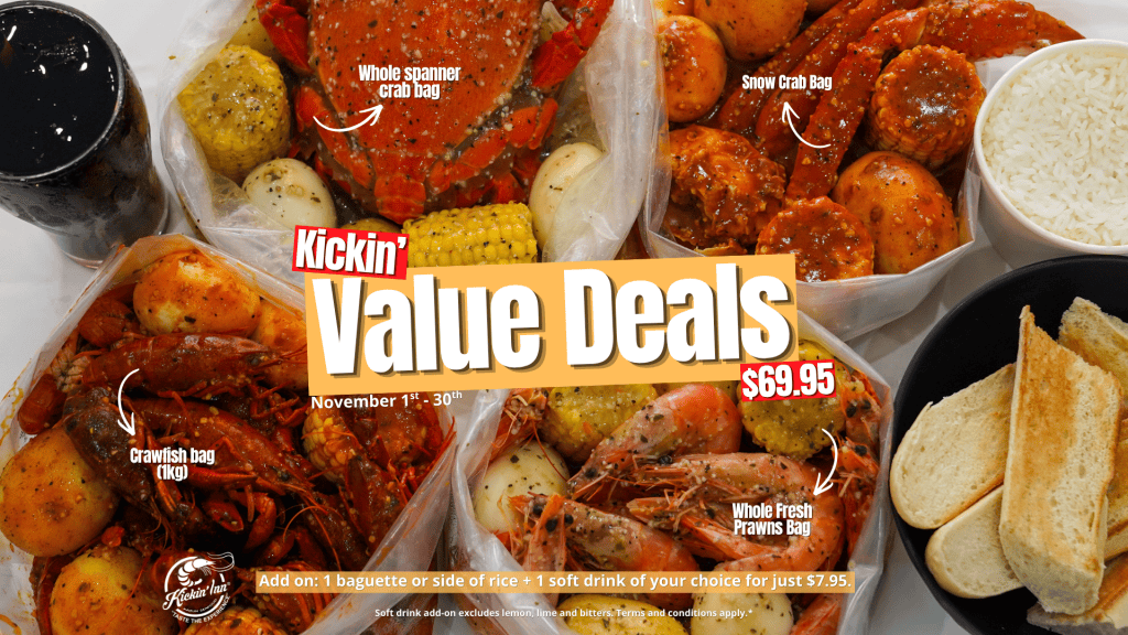 Kickin’Inn Value Deals seafood bags for $69.95 this November