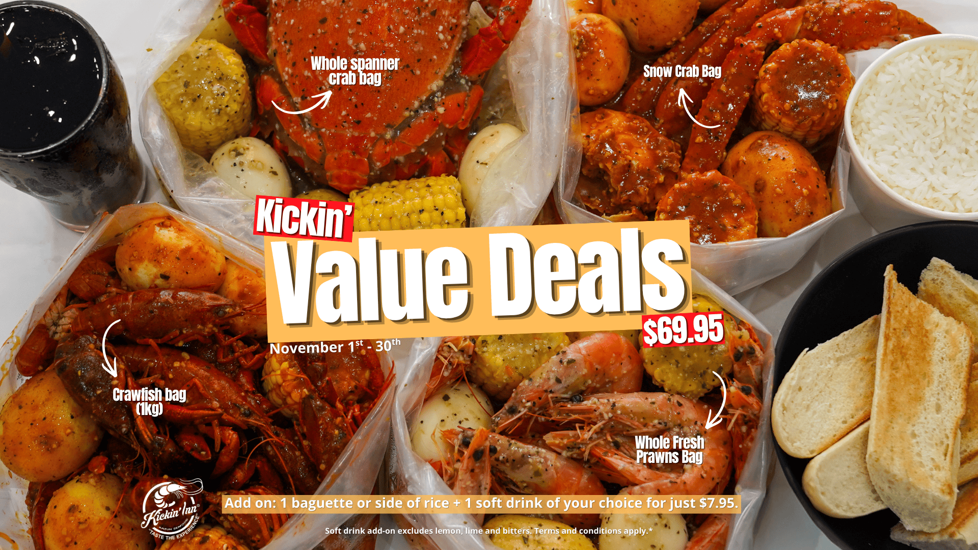 Kickin’Inn Value Deals seafood bags for $69.95 this November